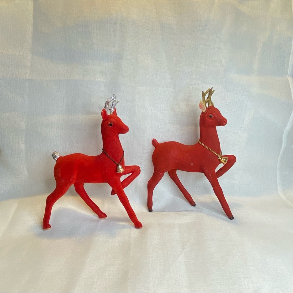 Vintage Red Plastic Flocked Reindeer